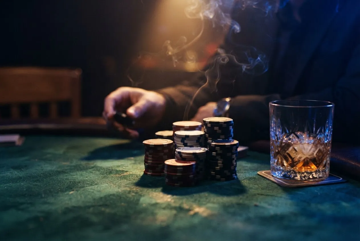 Close-up of poker chips on green felt table with whiskey glass in dramatic low lighting