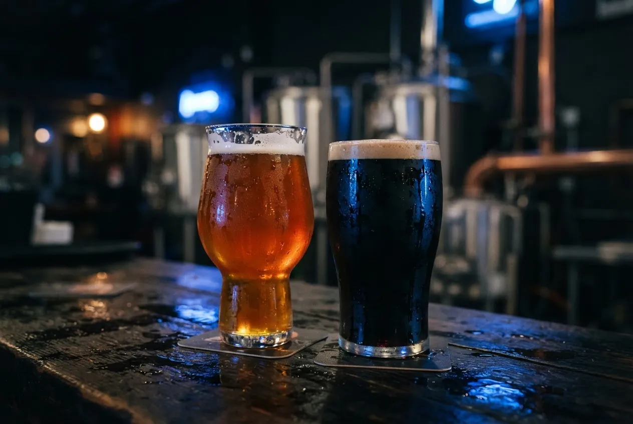 Craft beer glasses with condensation in dramatic close-up with cobalt blue neon reflections