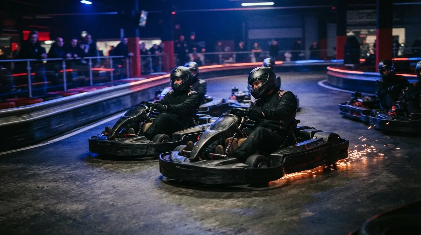 Go-karts racing on a professional indoor track with dramatic cobalt blue and red lighting